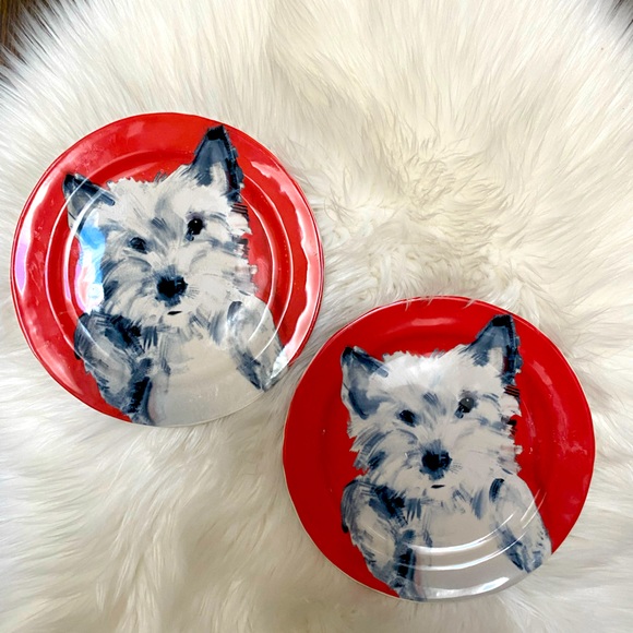 Anthropologie Other - Anthropologie SALLY MUIR 8 5/8" Westie Plate Red Background Dog Plates X 2